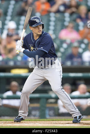 Detroit, Michigan, USA. 09th Sep, 2015. Tampa Bay Rays outfielder Brandon Guyer (5) at bat during MLB game action between the Tampa Bay Rays and the Detroit Tigers at Comerica Park in Detroit, Michigan. The Rays defeated the Tigers 8-0. John Mersits/CSM/Alamy Live News Stock Photo