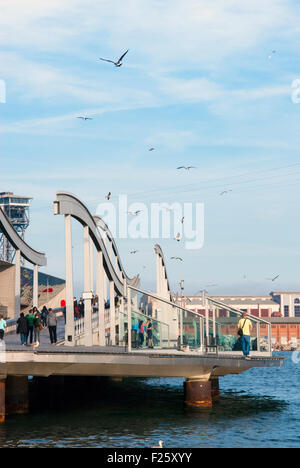 Barcelona, Spain - APRIL 08: Rambla de Mar, a modern bridge in the Barcelona port area with people and birds on April 08.2014 in Stock Photo