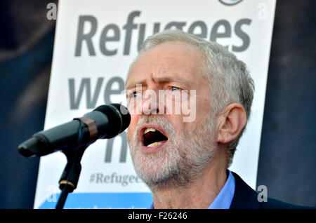 Jeremy Corbyn MP speaking at the 'Refugees Welcome Here' rally in Parliament Square,12/09/15, his first engagement as leader Stock Photo