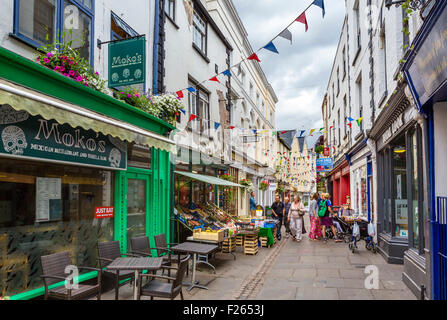 Shops and restaurants on Church Street in the town centre, Monmouth, Monmouthshire, Wales, UK Stock Photo