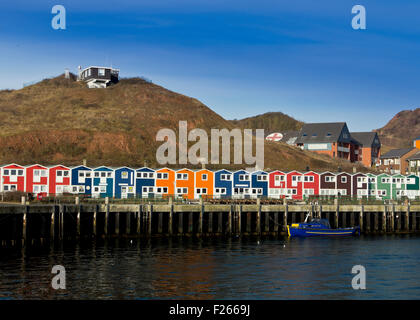 Traditional harbor houses at the fishermen's wharf of Helgoland Island in the North Sea (Germany) Stock Photo