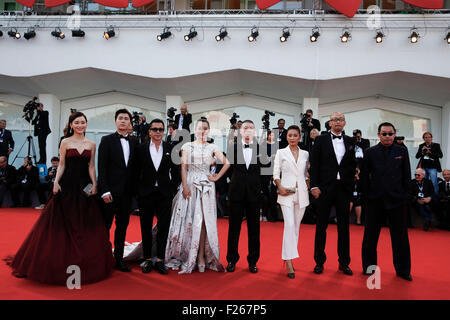 Venice, Italy. 12th Sep, 2015. Cast members of the film 'Lao Pao Er' (Mr. Six) attends a premiere during the 72nd Venice Film Festival at Lido island in Venice, Italy, Sept. 12, 2015. Credit:  Ye Pingfan/Xinhua/Alamy Live News Stock Photo