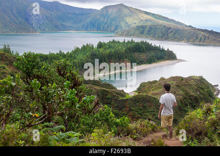 Walking down to Lagoa do Fogo in Sao Miguel, Azores Islands Stock Photo