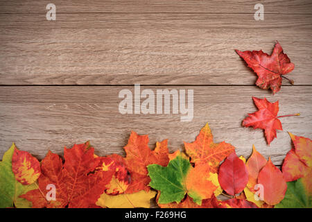 Autumn leaves over wooden background with copy space. Focus on maple leaves Stock Photo