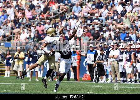 September 12, 2015 - Army Black Knights defensive back Steven Johnson (17) and Connecticut Huskies wide receiver Hergy Mayala (88) play for the ball during the NCAA football game between the Army Black Knights and the Connecticut Huskies held at Pratt & Whitney Stadium Stadium at Rentschler Field in East Hartford Connecticut. Eric Canha/CSM Stock Photo