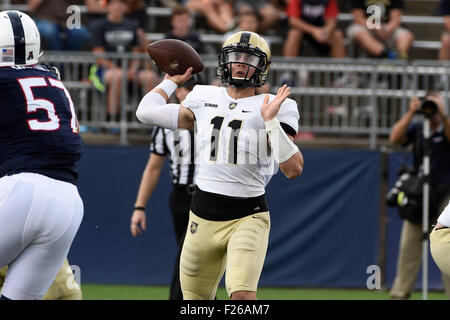 September 12, 2015 - Army Black Knights quarterback A.J. Schurr (11) passes the ball during the NCAA football game between the Army Black Knights and the Connecticut Huskies held at Pratt & Whitney Stadium Stadium at Rentschler Field in East Hartford Connecticut. The Connecticut Huskies defeated the Army Black Knights 22-17. Eric Canha/CSM Stock Photo