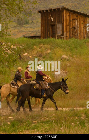 Ride to Rendezvous horse riders with cabin, Okanogan County, Washington Stock Photo