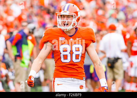 Clemson Tigers wide receiver Sean Mac Lain (88) Clemson Tigers quarterback Deshaun Watson (4) fires up the home crowd just before kickoff on September 12, 2015 for the NCAA Football game between Appalachian State Mountaineers and Clemson Tigers at Death Valley in Clemson, SC. David Grooms/CSM Stock Photo