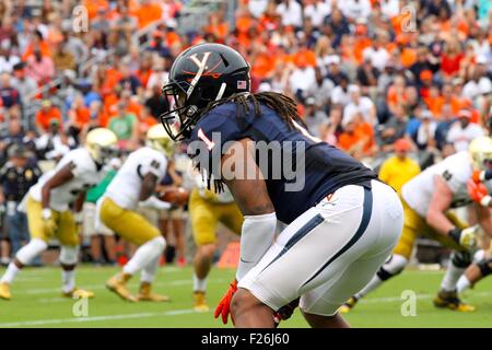 Charlottesville, Virginia, USA. 12th September, 2015. Virginia Cavaliers cornerback Demetrious Nicholson (1) lines up at the line of scrimmage during the NCAA Football game between the Notre Dame Fighting Irish and the Virginia Cavaliers at Scott Stadium in Charlottesville, VA. Credit:  Cal Sport Media/Alamy Live News Stock Photo