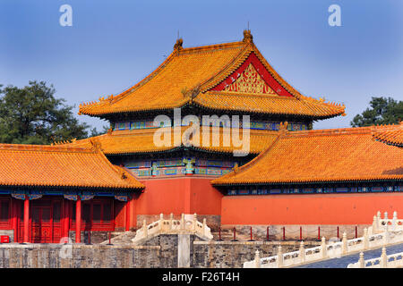 Side view of a golden-red tower of treasure gallery in Beijing's ancient emperor's Forbidden city Stock Photo