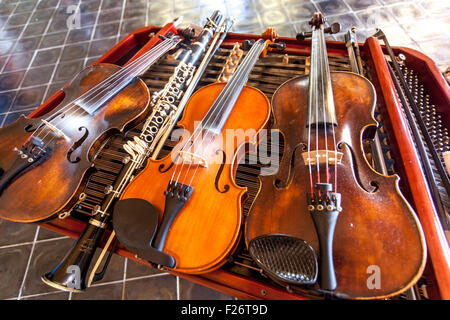 Violin hammered dulcimer clarinet traditional folklore musical instruments Czech Republic South Moravia Stock Photo