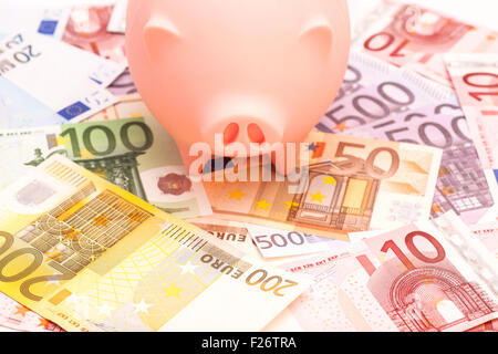 Pink piggy bank surrounded by Euro notes Stock Photo