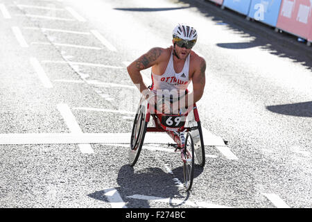South Shields, UK. 13th Sep, 2015. Josh Cassidy of Canada finishes third in the men's wheelchair race at the Great North Run, South Shields, England. The Great North Run is an annual half-marathon. Credit:  Stuart Forster/Alamy Live News Stock Photo