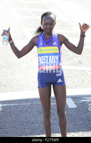 South Shields, UK. 13th Sep, 2015. Mary Keitany celebrates winning the women's elite race at the Morrison's Great North Run in 1 hour 7 minutes and 32 seconds in South Shields, England. The Great North Run is an annual half-marathon. Credit:  Stuart Forster/Alamy Live News Stock Photo
