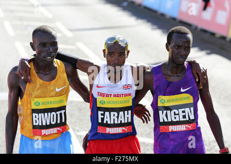 South Shields, UK. 13th Sep, 2015. Stanley Biwott (Kenya), Mo Farah (GB) and Mike Kigen (Kenya) the top three athletes in the men's elite race at the Morrison's Great North Run, in South Shields, England. Farah won the Great North Run in a British record time of 59.22. Credit:  Stuart Forster/Alamy Live News Stock Photo