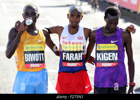 South Shields, UK. 13th Sep, 2015. Stanley Biwott (Kenya), Mo Farah (GB) and Mike Kigen (Kenya) the top three athletes in the men's elite race at the Morrison's Great North Run, in South Shields, England. Farah won the Great North Run in a British record time of 59.22. Credit:  Stuart Forster/Alamy Live News Stock Photo