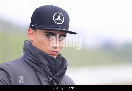 Oschersleben, Germany. 13th Sep, 2015. DTM frontrunner Pascal Wehrlein prior to the DTM German Touring Car Championship in the etropolis arena in Oschersleben, Germany, 13 September 2015. PHOTO: JENS WOLF/DPA/Alamy Live News Stock Photo