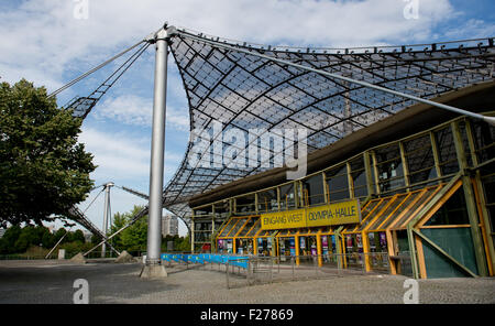 Munich, Germany. 12th Sep, 2015. A view of the Olympiahalle (Olympic Hall) in Munich, Germany, 12 September 2015. Authorities plan to turn the hall into a refugee shelter, because there are too few shelters in the area. Photo: Sven Hoppe/dpa/Alamy Live News Stock Photo