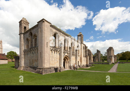 Tourists at the Lady Chapel, part of the ruins of the medieval 13th century Glastonbury Abbey, Somerset England UK Stock Photo