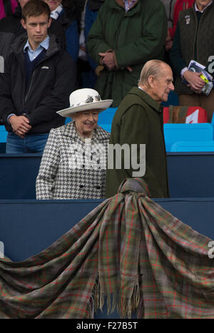 13th September 2015,  Blair Atholl,  Scotland.  HRH Queen Elizabeth II and HRH The Duke of Edinburgh take their seats for the final showjumping session. The Longines FEI European Eventing Championships 2015 Blair Castle.