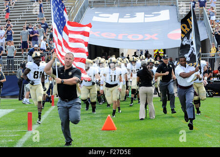 September 12, 2015: Army Black Knights take the filed during the NCAA football game between the Army Black Knights and the Connecticut Huskies held at Pratt & Whitney Stadium Stadium at Rentschler Field in East Hartford Connecticut. The Connecticut Huskies defeated the Army Black Knights 22-17. Eric Canha/CSM Stock Photo