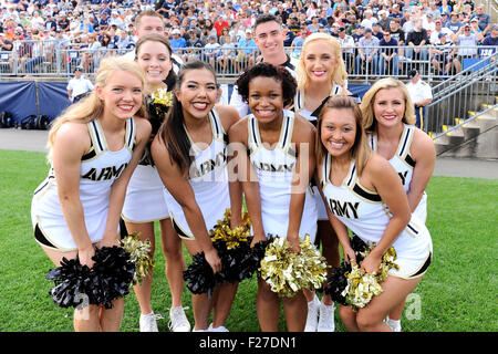 September 12, 2015: Army Black Knights cheerleaders pose for a photo during the NCAA football game between the Army Black Knights and the Connecticut Huskies held at Pratt & Whitney Stadium Stadium at Rentschler Field in East Hartford Connecticut. The Connecticut Huskies defeated the Army Black Knights 22-17. Eric Canha/CSM Stock Photo