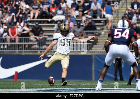 September 12, 2015: Army Black Knights place kicker Daniel Grochowski (95) makes the opening kickoff during the NCAA football game between the Army Black Knights and the Connecticut Huskies held at Pratt & Whitney Stadium Stadium at Rentschler Field in East Hartford Connecticut. The Connecticut Huskies defeated the Army Black Knights 22-17. Eric Canha/CSM Stock Photo