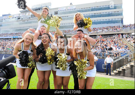 September 12, 2015: Army Black Knights cheerleaders entertain television fans during the NCAA football game between the Army Black Knights and the Connecticut Huskies held at Pratt & Whitney Stadium Stadium at Rentschler Field in East Hartford Connecticut. The Connecticut Huskies defeated the Army Black Knights 22-17. Eric Canha/CSM Stock Photo