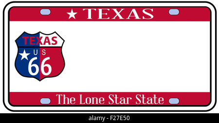 Texas state license plate in the colors of the state flag with icons with a route 66 badge over a white background Stock Photo