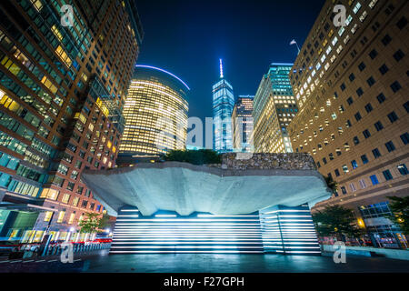 The Irish Hunger Memorial and buildings in Battery Park City at night, in Lower Manhattan, New York. Stock Photo