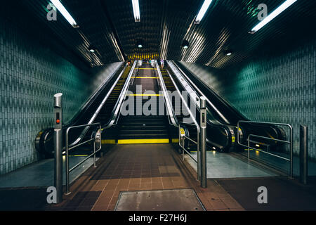 Escalators inside the Roosevelt Island Subway Station, in Manhattan, New York. Stock Photo