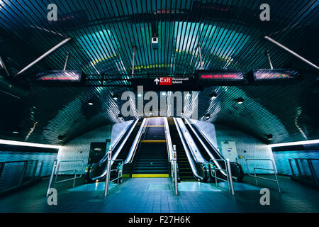 Escalators inside the Roosevelt Island Subway Station, in Manhattan, New York. Stock Photo