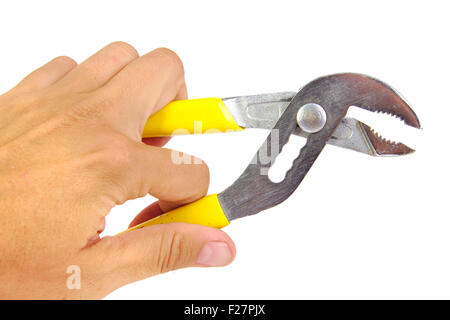 Hand with groove pliers isolated on white background Stock Photo