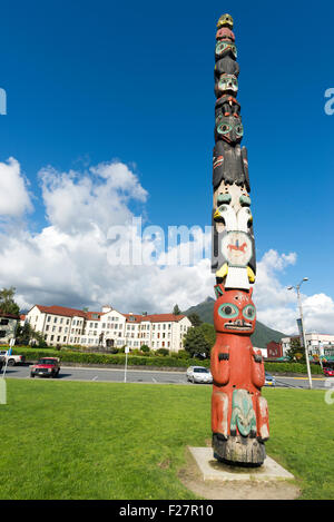 Baranof totem pole in front of the Pioneer Home in Sitka, Alaska. Stock Photo