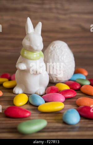 Close-up of an easter egg with easter bunny and candies Stock Photo