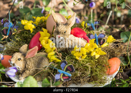 Close-up of easter bunnies with easter eggs on nest Stock Photo