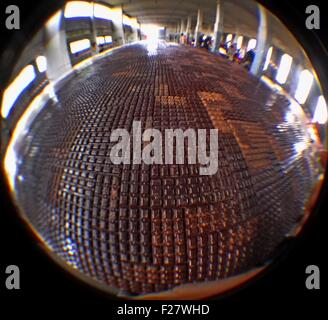 Brussels. 13th Sep, 2015. A photo taken with fish eye lens on Sept. 13, 2015 shows a huge chocolate at a chocolate factory in Tongeren, Belgium. The factory produced the chocolate, 21 meters in length, 5 meters in width and 1000 kg in weight, and put it on display on Sunday, as part of Belgium's Heritage Days celebrations. © Gong Bing/Xinhua/Alamy Live News Stock Photo