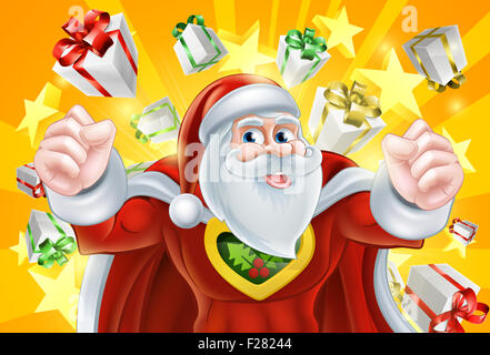 Cartoon Santa Claus Christmas superhero character with gifts and stars explosion in the background Stock Photo