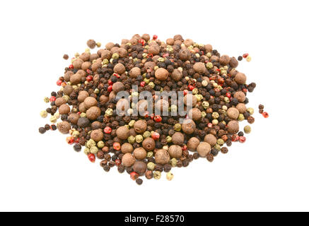 Mixed peppercorns - black, white, pink, green, pimento, isolated on a white background Stock Photo