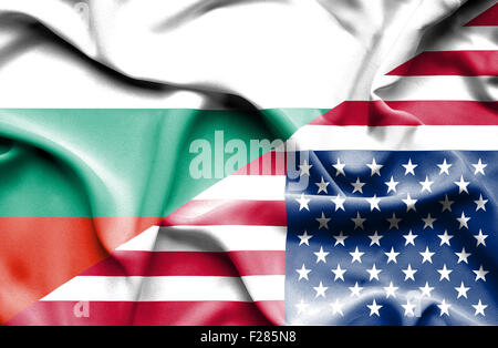 Waving flag of United States of America and Bulgaria Stock Photo