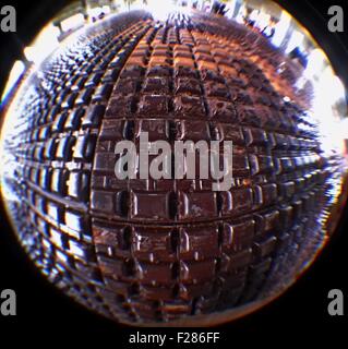 Brussels. 13th Sep, 2015. A photo taken with fish eye lens on Sept. 13, 2015 shows a huge chocolate at a chocolate factory in Tongeren, Belgium. The factory produced the chocolate, 21 meters in length, 5 meters in width and 1000 kg in weight, and put it on display on Sunday, as part of Belgium's Heritage Days celebrations. Credit:  Gong Bing/Xinhua/Alamy Live News Stock Photo