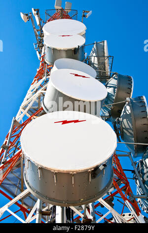 Modern cell and antenna with flat parabola on blue sky Stock Photo