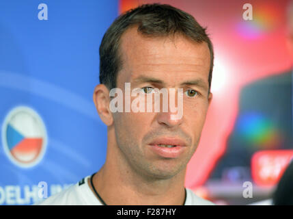 Prague, Czech Republic. 13th Sep, 2015. Czech tennis player Radek Stepanek meets with journalists before the departure prior to the Davis Cup World Group playoff against India in New Delhi, at the Vaclav Havel Airport in Prague, Czech Republic, on September 13, 2015. © Michal Dolezal/CTK Photo/Alamy Live News Stock Photo