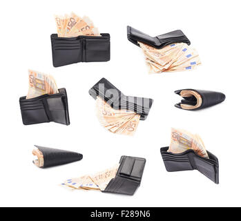 Black leather wallet full of fifty euro bank notes isolated over the white background, set of multiple different foreshortenings Stock Photo