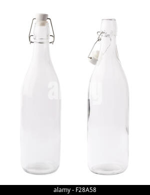 Empty glass bottle with the wire attached ceramic cap isolated over the white background, set of two images, closed and opened v Stock Photo