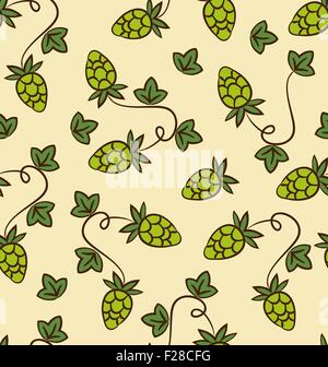 Hops. Seamless watercolor pattern with hops flower and leaf on the white background, aquarelle. Vector illustration. Hand-drawn original floral background. Beer brewing theme. Stock Vector