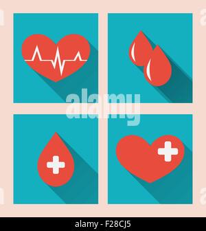 Flat medical icons of donate blood with long shadows Stock Vector