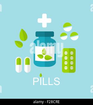 Tablets (Pills, Capsules, Drugs) and Leaves Stock Vector