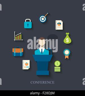 Orator speaking from tribune and flat icons of business conferen Stock Vector