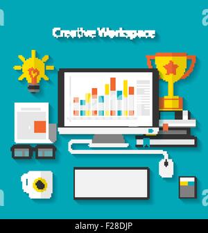 Flat icons of trendy business objects with long shadows Stock Vector